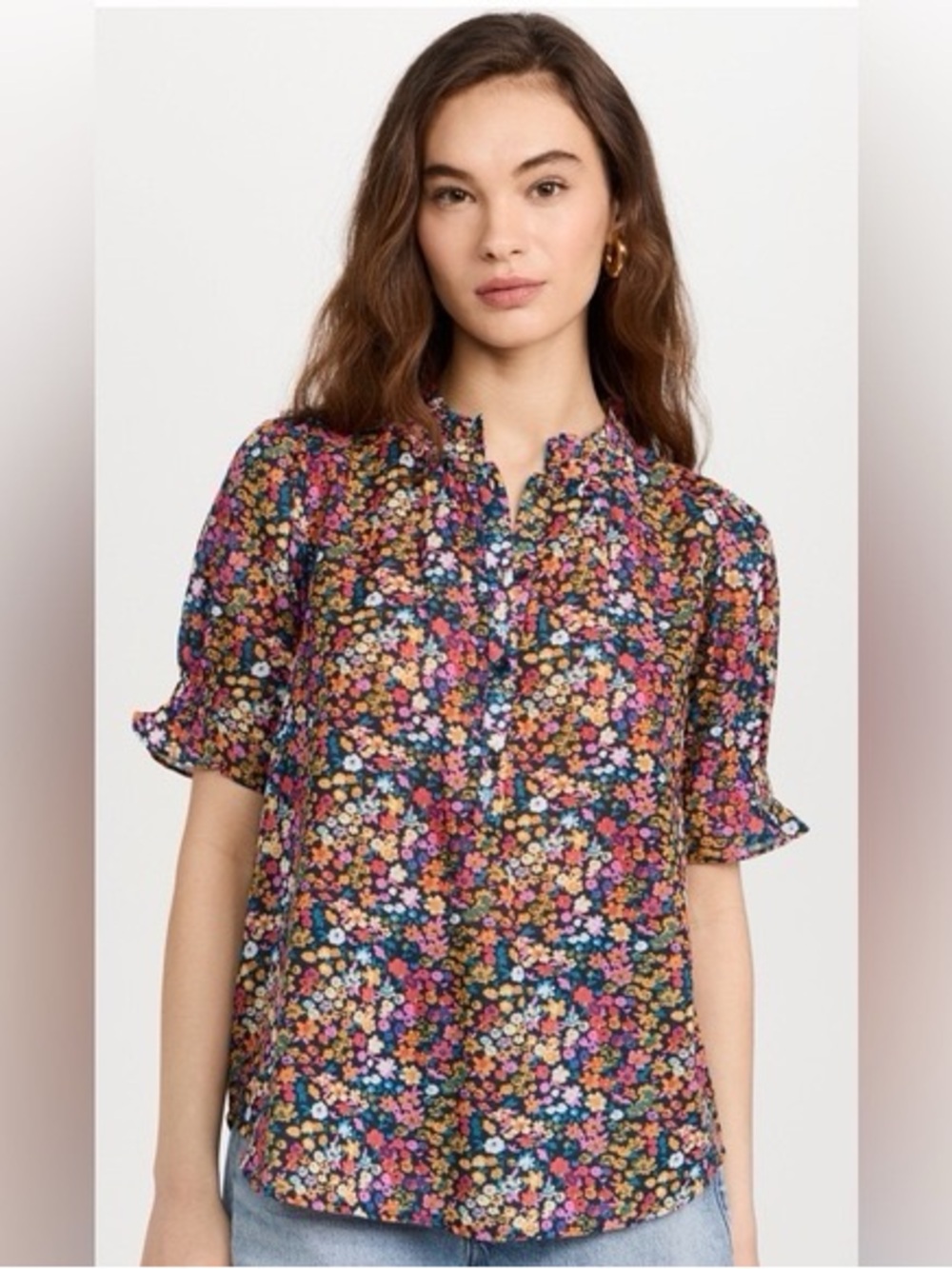 Apiece Apart Floral Ruffle Henley Blouse Small 100% Organic Cotton Short Sleeve